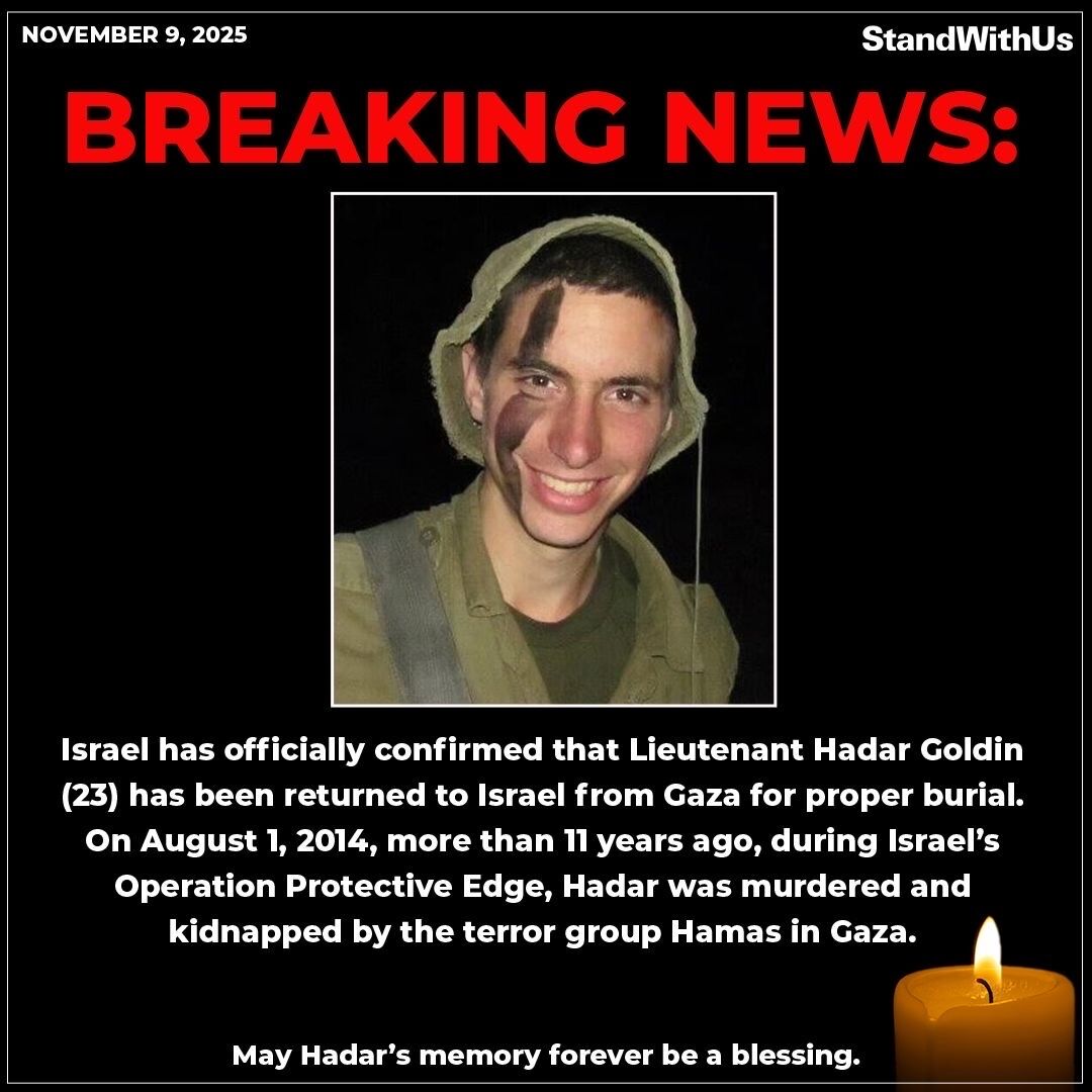 🚨 Israel has confirmed the identification of the murdered hostage who was brought back from Gaza on November 9. 

🕯️ Hadar Goldin —  On August 1, 2014, more than 11 years ago, during Israel’s Operation Protective Edge, IDF Lt. Hadar Goldin was murdered and kidnapped by Hamas
