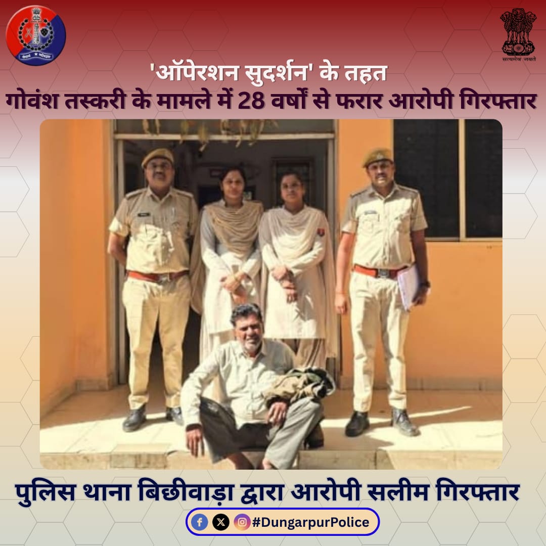 ऑपरेशन सुदर्शन चक्र के तहत पुलिस थाना बिछीवाड़ा द्वारा गोवंश तस्करी के मामले में 28 वर्षों से फरार आरोपी गिरफ्तार। 
@igpudaipur 
@policerajasthan
#Rajasthanpolice
#भारतीय_न्याय_संहिता
#भारतीय_नागरिक_सुरक्षा_संहिता
#नवीन_आपराधिक_कानून
#NewCriminalLaw2023
#dungarpur_police