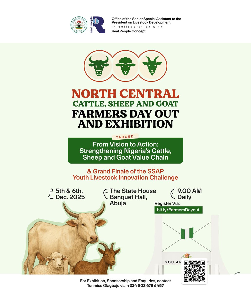 SWRuminatfarmer's tweet photo. 🐄🐑🐐 North Central Cattle, Sheep &amp; Goat Farmers Day Out and Exhibition is Here!

Join livestock farmers, innovators, policymakers, and stakeholders across Nigeria for a transformative 2-day experience aimed at strengthening our livestock value chain.
... https://t.co/H58nQZmLrX
