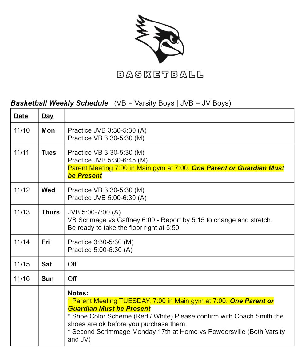 Weekly Schedule - See info about Parent Meeting on Tuesday!