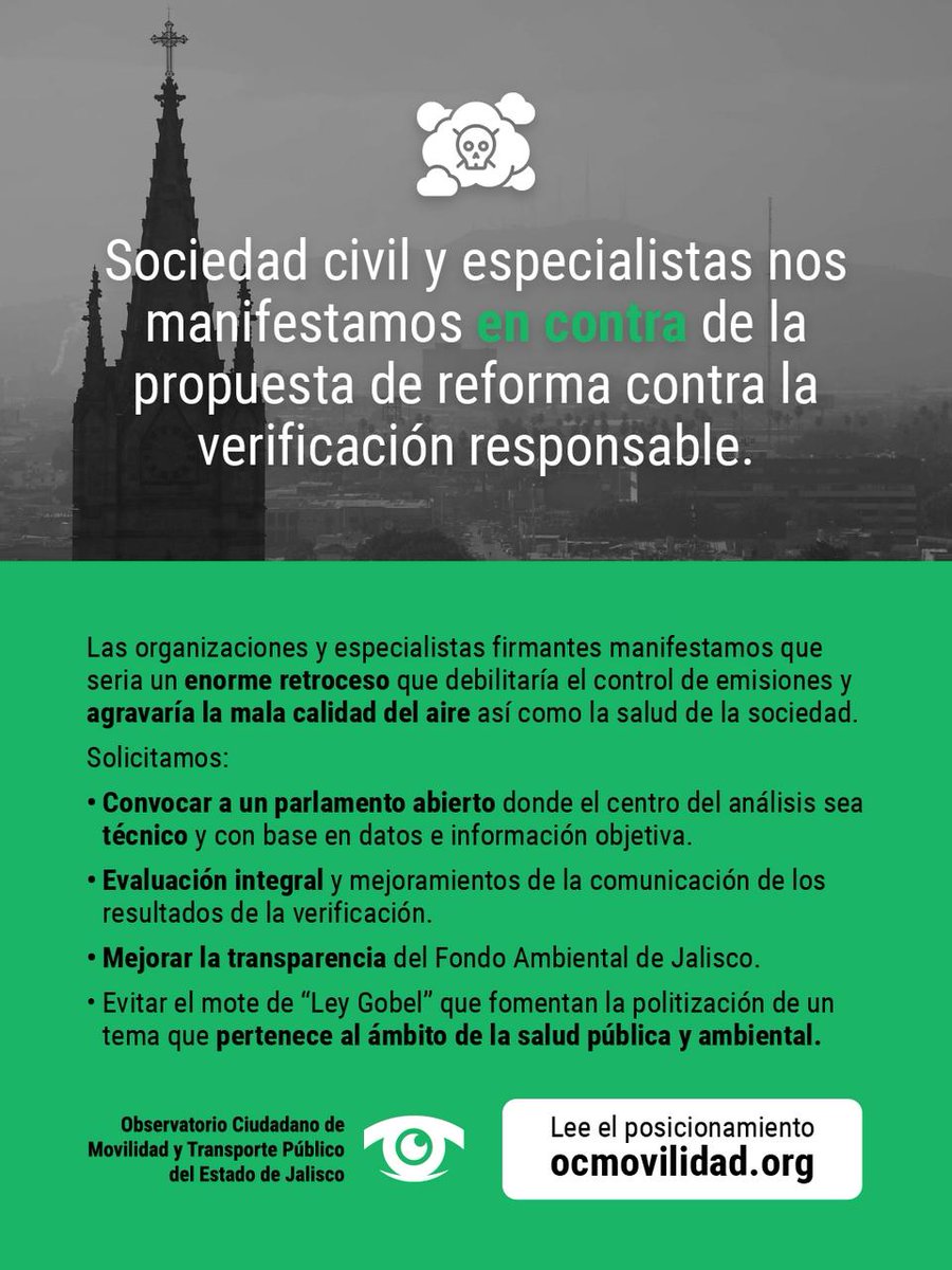 Nos manifestamos en contra de la propuesta de reforma contra la verificación responsable, ya que implicaría retroceder al esquema previo de afinación controlada 1997-2018, el cual debilitaría el control de emisiones ocmovilidad.org/verificacion/ <a href="/PabloLemusN/">Pablo Lemus Navarro</a> <a href="/_MorenaJalisco/">Morena Jalisco</a>