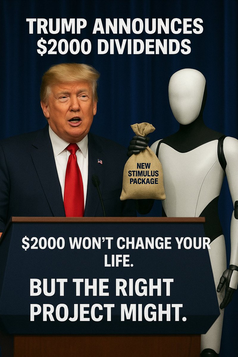 optimus_fun's tweet photo. Trump announces $2000 “Tariff dividend ” for Americans 🇺🇸💰

What would you do if you actually got that money?

💭 Spend it on random stuff...
💰 Or invest it in a project just taking off — like $OPTIMUS, where the hype is only beginning?
Robots don’t promise. They build. 🤖⚡

#OPTIMUS — the only stimulus that never stops printing hype. 💥

#Trump #divident #CryptoNews #memecoin #Optimus #Neo #figure #humanoid #100x #profit #atcoinseason #altseason