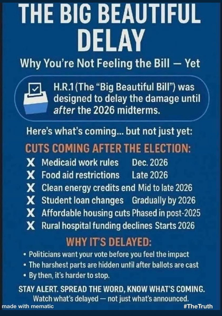 <a href="/WhiteHouse/">The White House</a> ‼️ReTHUGlicans Have Delayed IMPLEMENTATION of Major Cuts from their "BIG UGLY BILL",  that DRAMATICALLY HURTS Americans, until AFTER the 2026 Elections‼️

#ReleaseTheTrumpEpsteinFiles‼️
