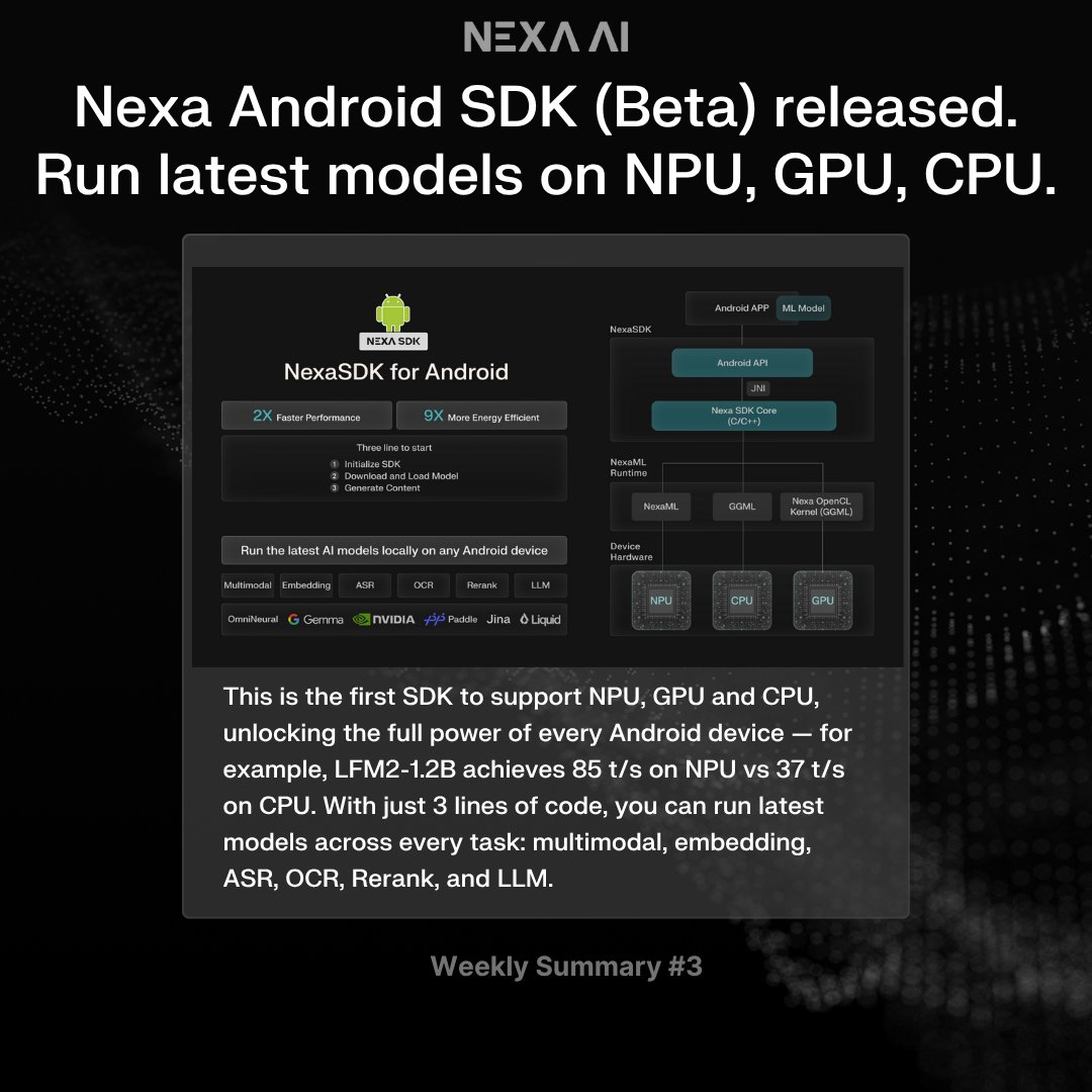 nexa_ai's tweet image. This Week at Nexa 🚀 — VLA model on IoT &amp;amp; Robotics NPU, Nexa Android SDK, and NexaStudio app that beats Apple Intelligence

1)
World’s first vision-language-action model running locally on NPU (Robotics + IoT) with NexaML

@huggingface’s SmolVLA now runs fully on the @Qualcomm…