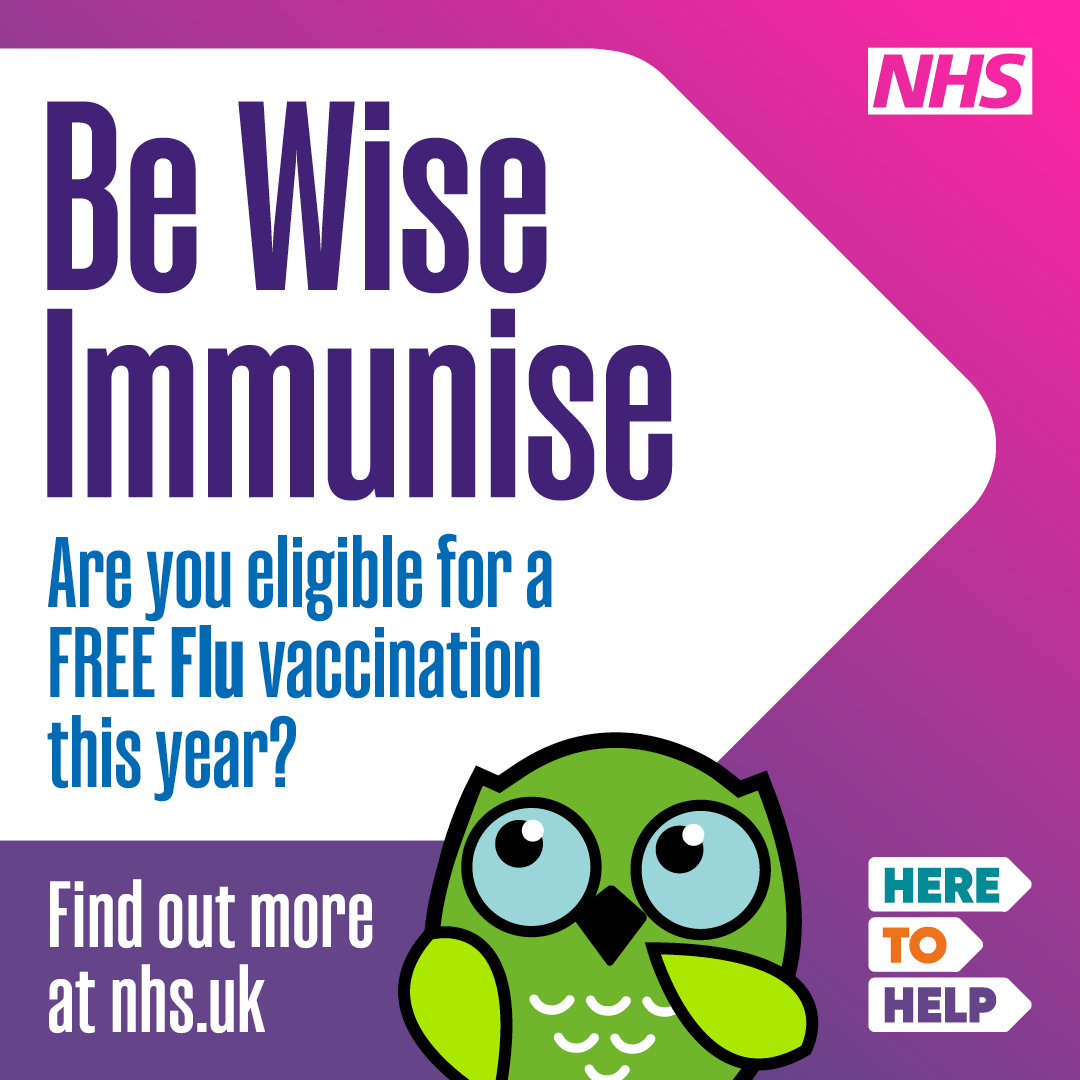 💉 Free flu jabs now available!

🗓️ From 1 Sept:
• Pregnant
• Ages 2–3
• School kids (Rec–Y11)
• Ages 6m–18y in risk groups

🗓️ From 1 Oct:
• 65+
• 18–64 in risk groups
• Carers, care home staff/residents
• Close contacts of high-risk
• Health &amp; care workers