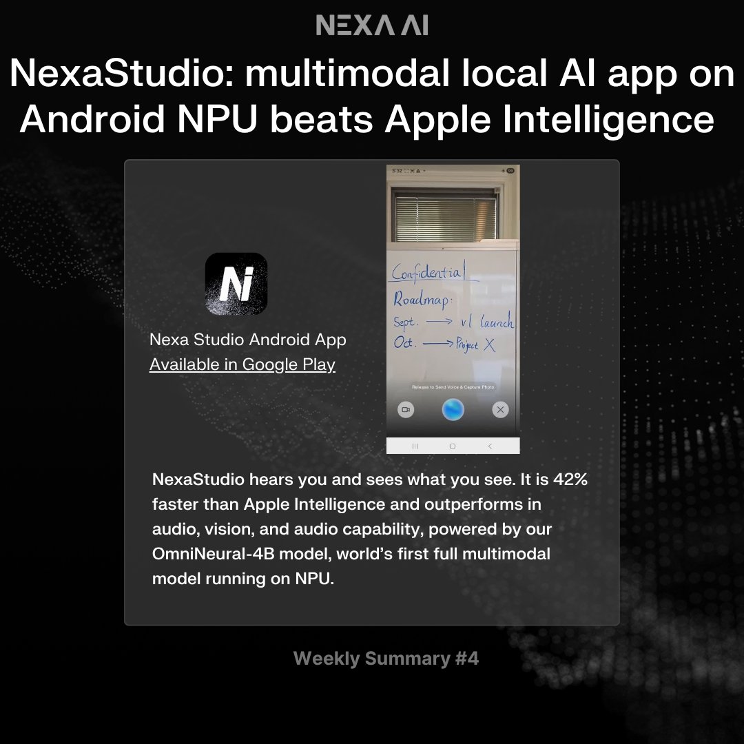 nexa_ai's tweet image. This Week at Nexa 🚀 — VLA model on IoT &amp;amp; Robotics NPU, Nexa Android SDK, and NexaStudio app that beats Apple Intelligence

1)
World’s first vision-language-action model running locally on NPU (Robotics + IoT) with NexaML

@huggingface’s SmolVLA now runs fully on the @Qualcomm…