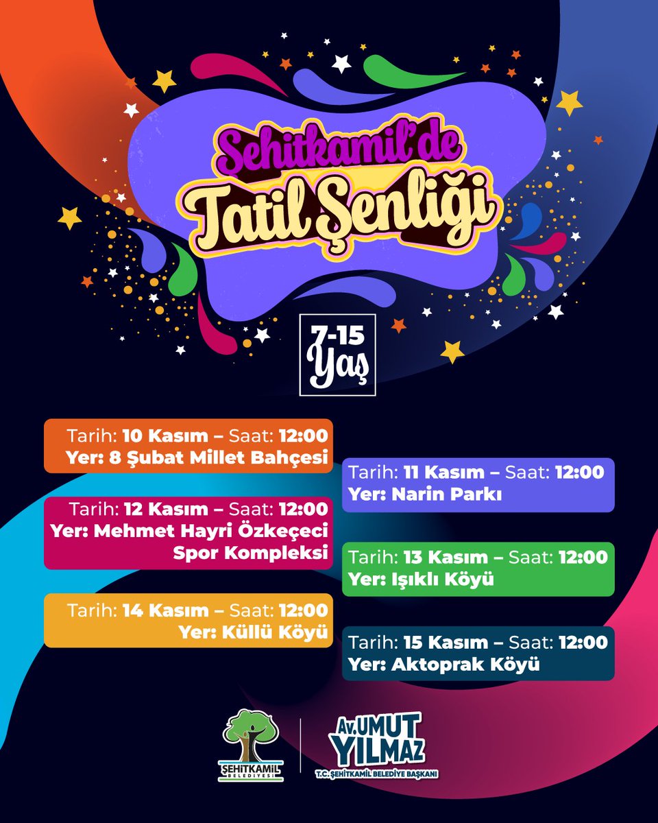 🎉 Şehitkamil’de Tatil Şenliği Başlıyor! 🎉

7-15 yaş arası tüm çocuklarımızı doyasıya eğlence, oyun ve sürprizlerle dolu tatil şenliğimize bekliyoruz! 💫
Her gün farklı bir noktada buluşuyoruz — sen de arkadaşlarını al, eğlenceye katıl! 💜

🗓 10-15 Kasım
🕛 Saat: 12.00
🎈