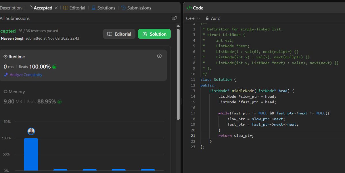 codewithpiyus's tweet image. 𝟲𝟬𝗗𝗮𝘆𝘀𝗢𝗳𝗖𝗼𝗱𝗲 - 𝗗𝗮𝘆 𝟴

𝗟𝗶𝗻𝗸𝗲𝗱 𝗟𝗶𝘀𝘁 𝗣𝗿𝗼𝗯𝗹𝗲𝗺𝘀:
💠Reverse a Doubly Linked List ✅
💠Find the Middle of a Linked List [Tortoise &amp;amp; Hare Method] ✅

@striver_79 
@takeUforward_
#Programming #DSAinCPP #TUFWinterArc #60DaysOfCode #TechCommunity
