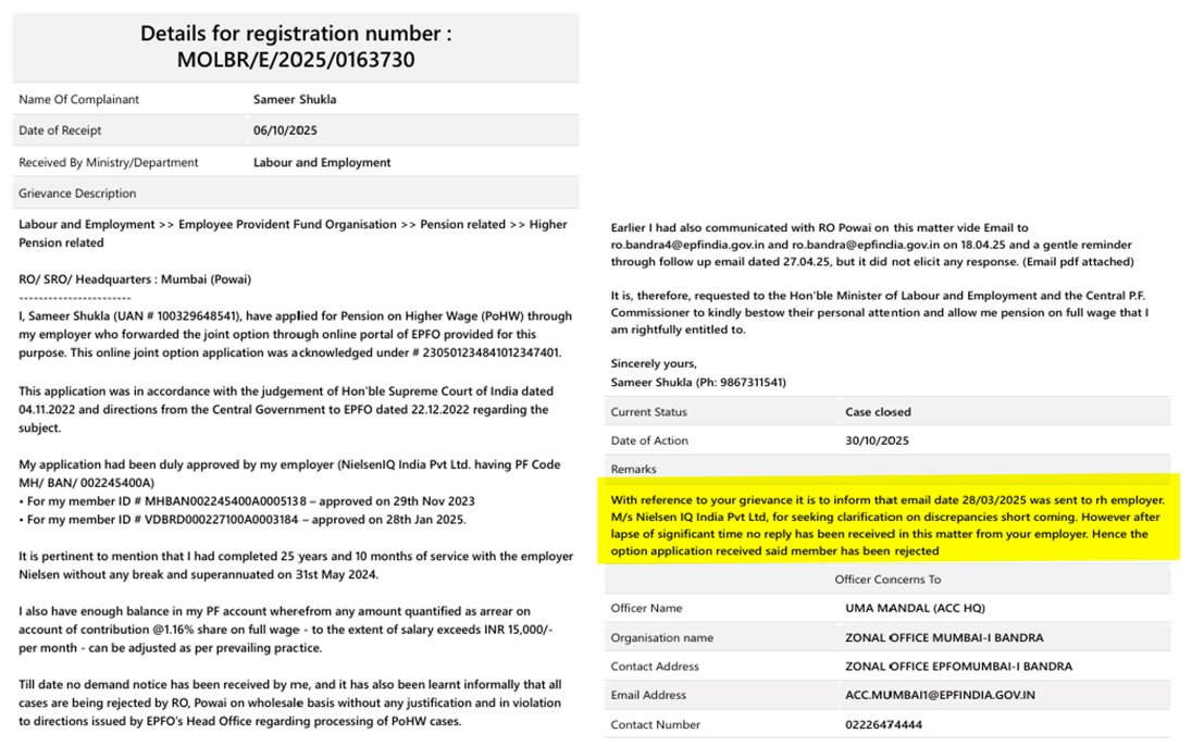sameershukla541's tweet photo. After 18 months of silence, filed CPGRAMS grievance (MOLBR/E/2025/0163730) but EPFO disposed it saying, 'employer is not answering to some clarification sought'. If EPFO needs clarification, isn’t it their duty to verify records by visiting/ calling the employer? @labourministry https://t.co/7BDX5qnixJ