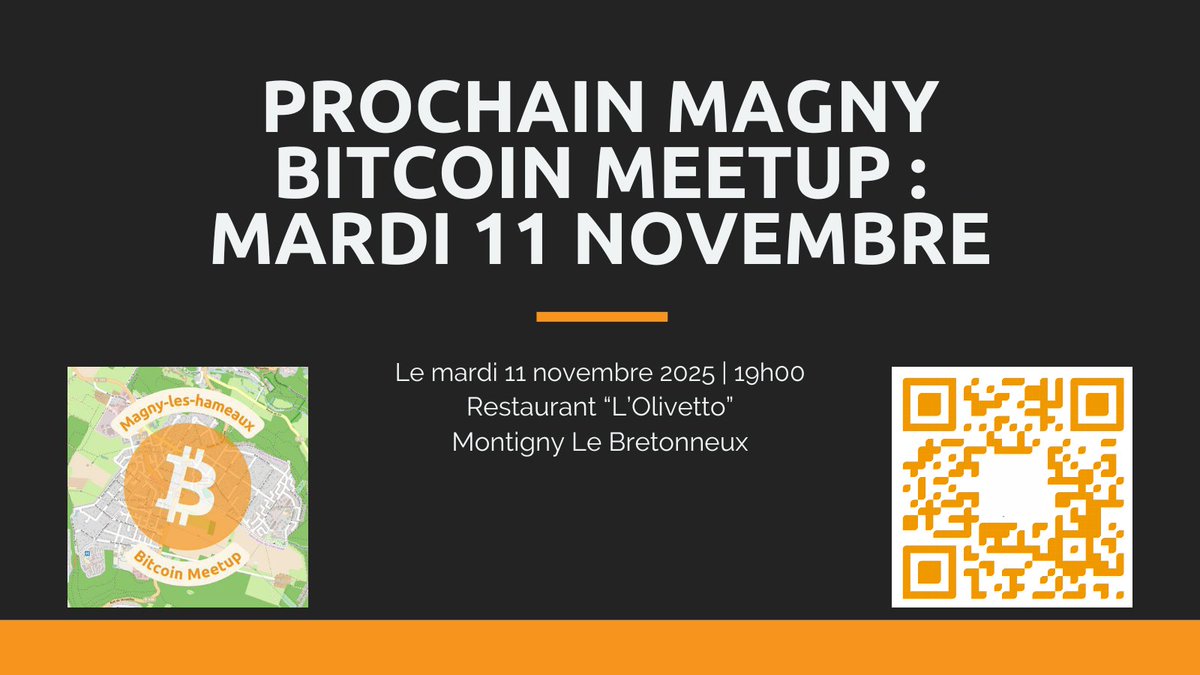 Le prochain #Meetup #Bitcoin côté Magny-Les-Hameaux aura lieu ce mardi 11/11/2025 à partir de 19h au restaurant L'Olivetto à Montigny-Le-Bretonneux. Habitant des Yvelines, proches <a href="/sqy/">Saint-Quentin-en-Yvelines 🚀</a> ou <a href="/StRemyChevreuse/">St-Rémy-lès-Chevreuse</a>, vous êtes les bienvenus! Et même de Paris pour les aventuriers ;)
<a href="/BIP_21_/">Association "Bitcoin Île-de-France Partenaires"</a>