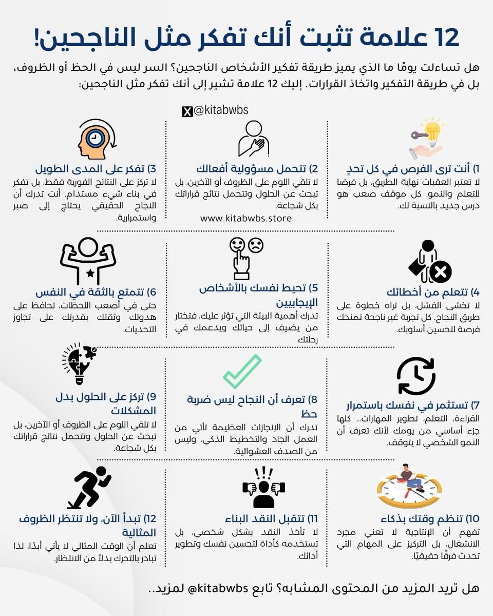 💡 النجاح مو صدفة ولا ضربة حظ، هو نمط تفكير يومي مبني على قرارات، مسؤولية، وتعلّم مستمر.

إذا كنت تملك هالـ12 علامة، فإنت ماشي بطريق النجاح حتى لو ما وصلت بعد.

📍 احفظ الصورة، وشاركها مع شخص تشوف فيه ملامح الناجحين.