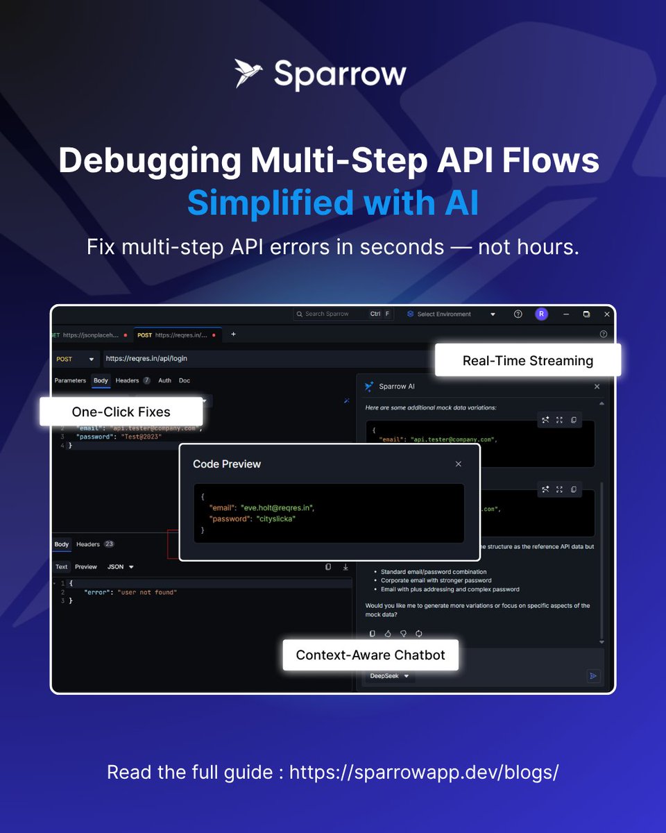 Sparrow_API's tweet image. 🔍Tired of spending hours figuring out which step broke in your chained API requests?

Sparrow’s AI-driven context awareness changes debugging forever, turning multi-step workflows into transparent, fix-ready sequences.
sparrowapp.dev/blogs/how-to-d…

#developer #DeveloperCommunity
