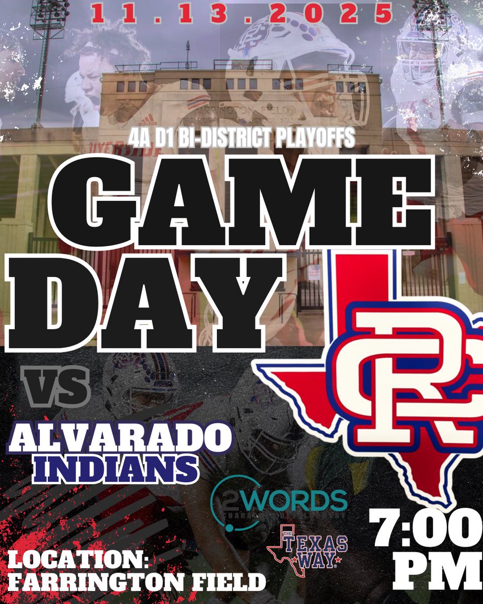 4A D1 BI-DISTRICT PLAYOFFS

Join us in an electric playoff showdown under the lights!
🆚Alvarado

Be there to support your CRHS Eagles! 🏈🦅 
Bring your family, friends and school spirit! 

Let’s Go Eagles! 
<a href="/FWISDAthletics/">FWISD Athletics</a> <a href="/CRiversideHS/">Amon Carter-Riverside High School</a> <a href="/ihss_dfw/">DFW Inside High School Sports</a> <a href="/dfwvarsity/">dfw varsity</a>
#FWISDFootball