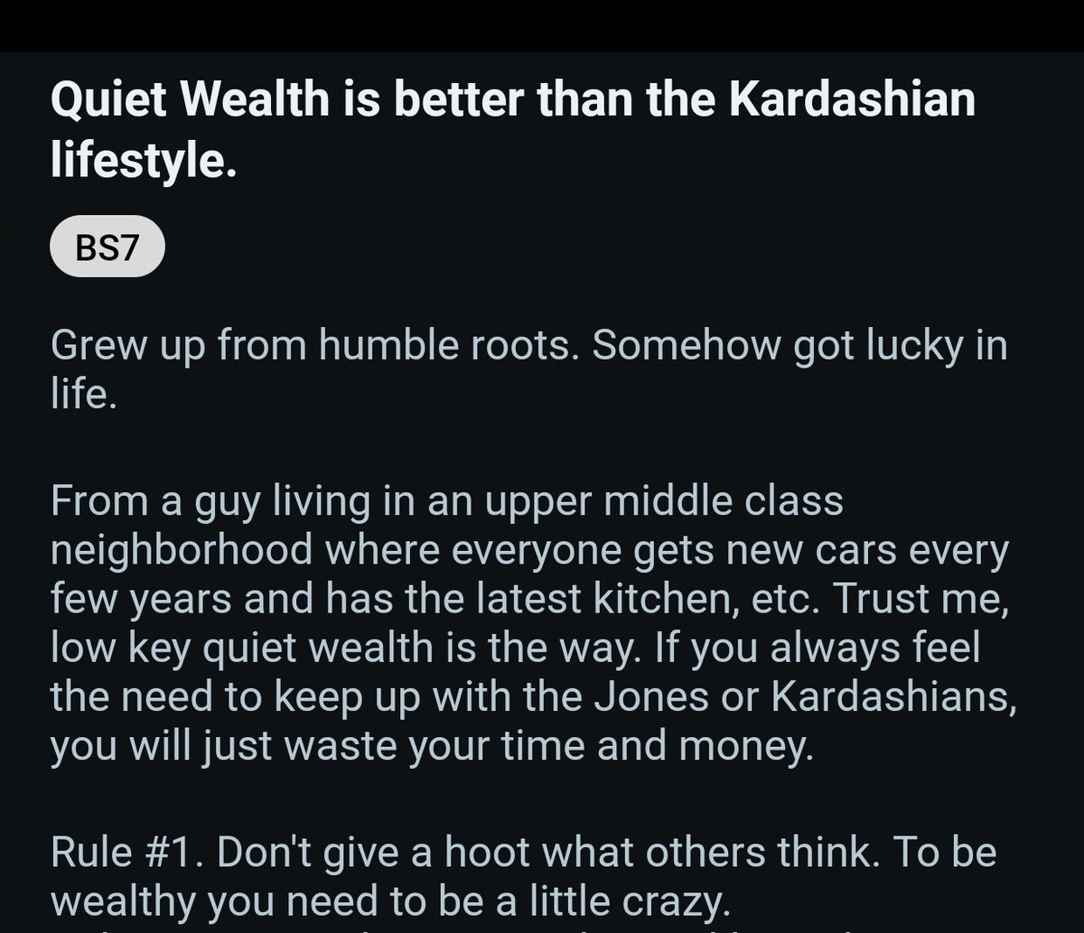 "Low key wealth is the way.
Don't give a hoot what others think, to be wealthy you need to be a little crazy"