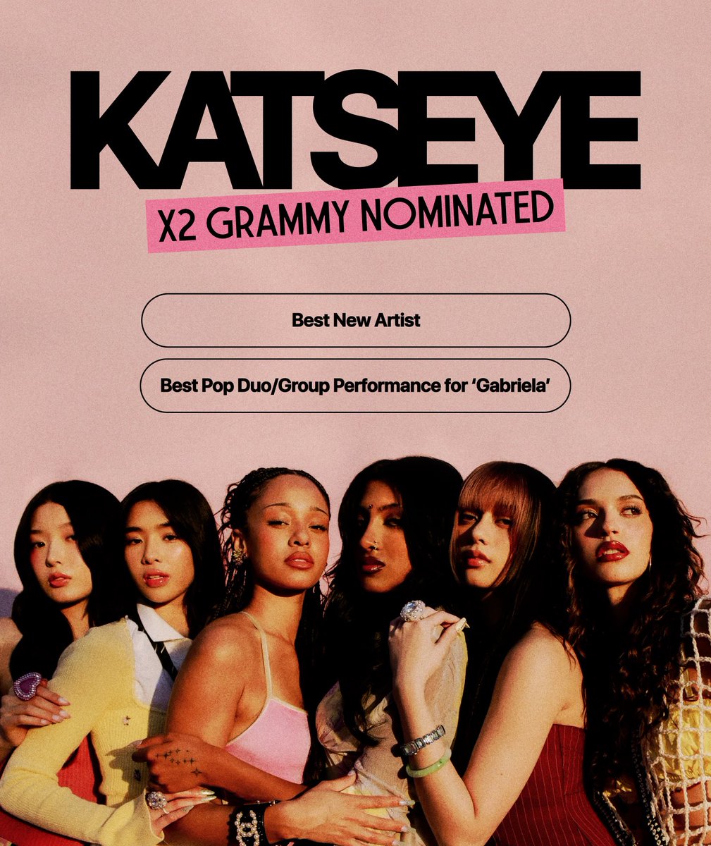 NewsKatseye's tweet photo. New graphic for the 2x Grammy nominated group KATSEYE, made by @mirchastudio 🙌✨ https://t.co/YvWVeqGMnx