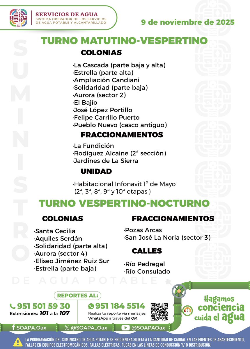 Sumministro de agua potable hoy 9 de noviembre. #Oaxaca 

#OaxacaDeJuárezc <a href="/SOAPA_Oax/">Servicios de Agua</a>