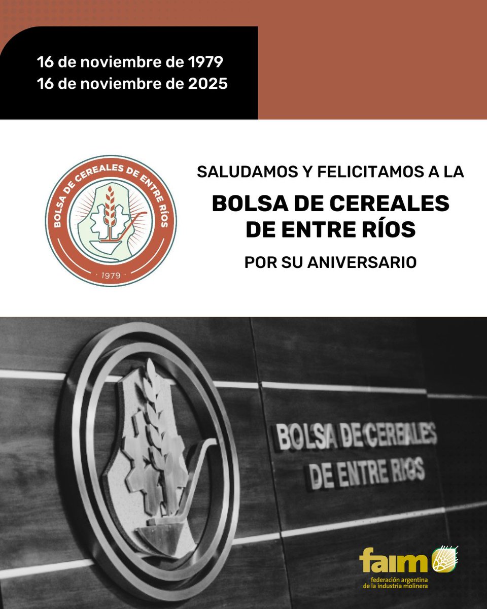 🗓️ Desde #FAIM saludamos y felicitamos a <a href="/BolsaCer/">Bolsa de Cereales de Entre Ríos</a> por estos 46 años impulsando y apoyando la agroindustria 👏👏👏
#aniversario #EntreRíos #BolsadeCerealesdeEntreRíos