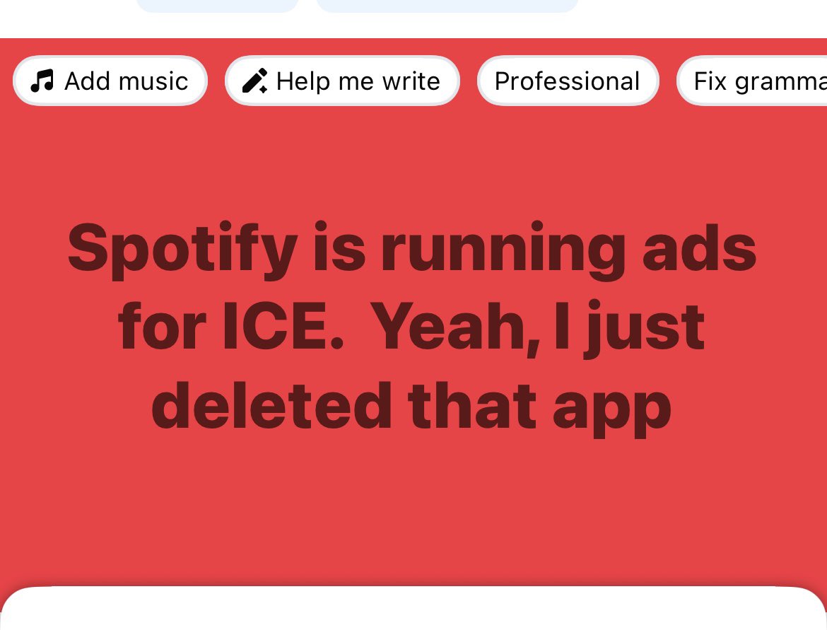 pundit_puppet's tweet photo. I deleted spotify cuz of ICE ads.
There are other platforms.
I hope artists are aware of these ads on their shows

@KeithOlbermann @StephMillerShow @JohnFugelsang @bobcesca_go @_silversmith @JoJoFromJerz @MeidasTouch @PodSaveAmerica @maddow @alfranken @driftglass https://t.co/LiF4VTVKyb