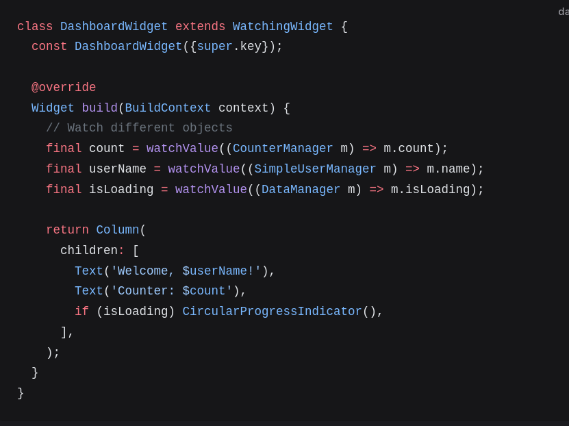 ThomasBurkhartB's tweet image. If your widget should rebuild triggered by more than one state change with ListenableBuilders that quickly gets ugly. With watch_it it stays simple #flutterdev 
This is a simple example and you can find different solutions by aggregating state changes in your business layer but…