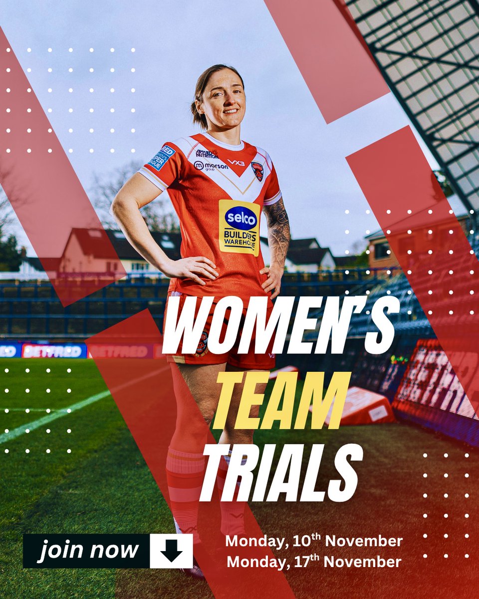 👹 WOMEN’S TEAM TRIALS – STARTING TOMORROW!

Come and try out for the Salford Red Devils Women’s Team! ❤️

🗓️ - Monday 10th November, 6:45 PM
🗓️ - Monday 17th November, 6:45 PM

📍 CORPACQ Stadium
        Stadium Way, M30 7EY
        (Club Offices, Level 1 via Main Entrance)