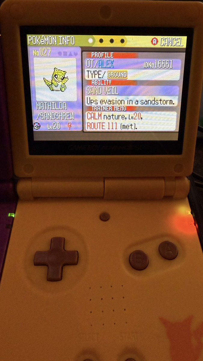 LexLazaruzArt's tweet photo. Got another shiny Sandshrew in my English Ruby (same game the last one appeared on). Well, on to phase 3 for shiny Cacnea! 🧡🌵✨
#shinypokemon #pokemonruby https://t.co/0Bu0SGQXTA