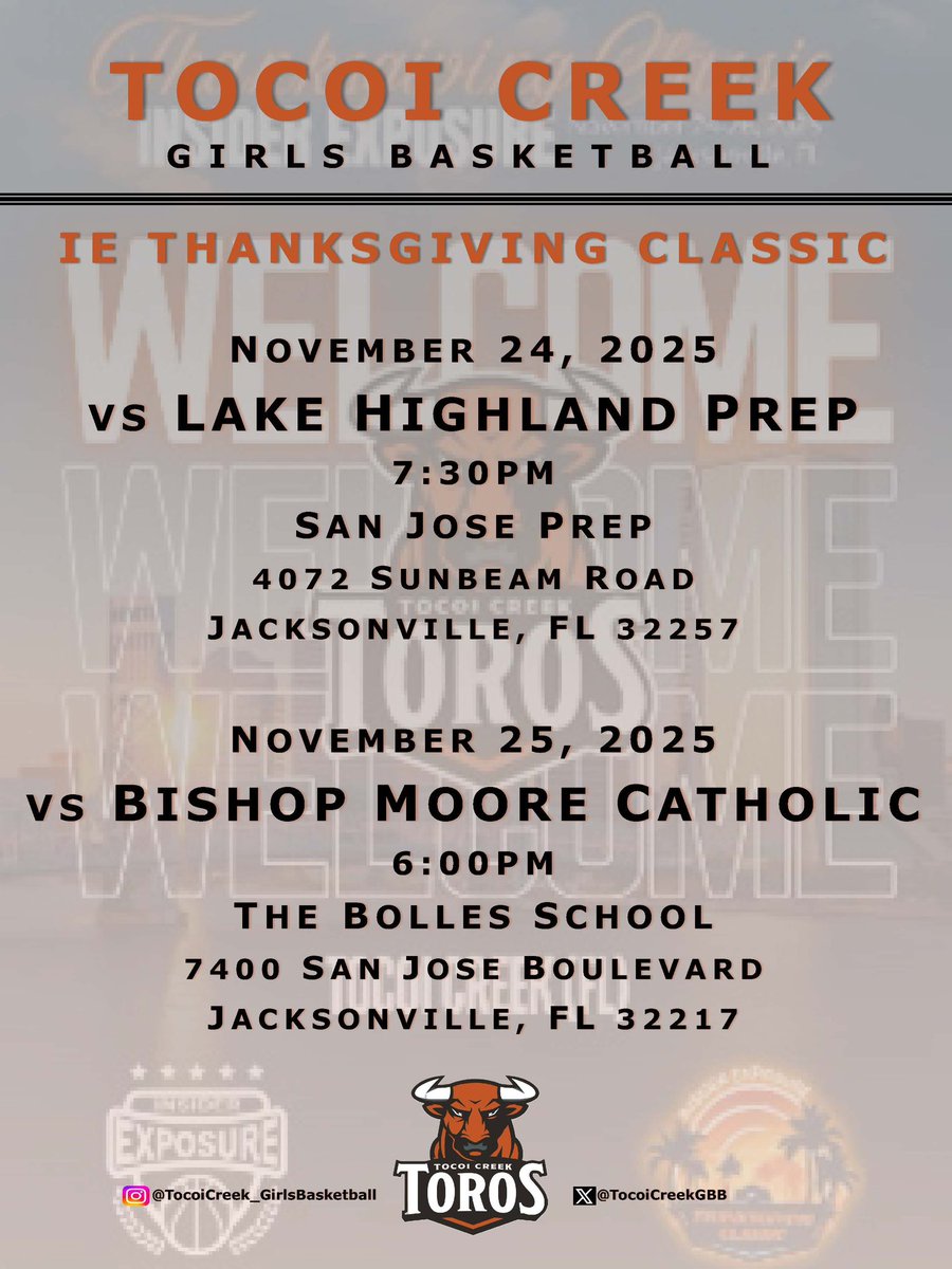 GabrielleI2027's tweet image. 🚨 Schedule Drop! 🚨

🗓️ Nov 24 – vs Lake Highland Prep (7:30PM)

🗓️ Nov 25 – vs Bishop Moore Catholic (6PM)

#HornsUp 
#ToroNation 
#Expectations