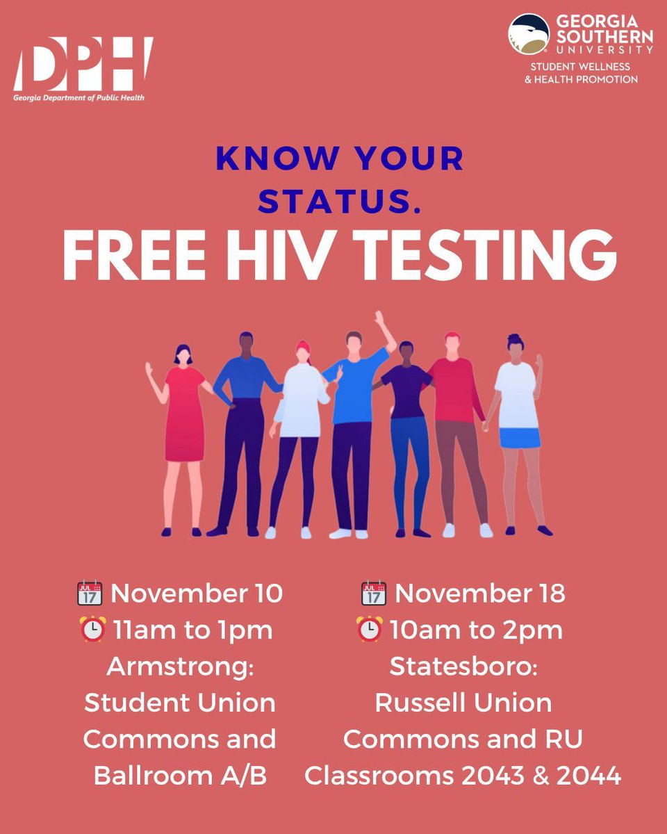 GSswhp's tweet image. We partner with the Department of Public Health to bring FREE HIV rapid testing and education monthly on the Statesboro and Armstrong campuses! Come join us on November 10th on the Armstrong campus and November 18th on the Statesboro campus!