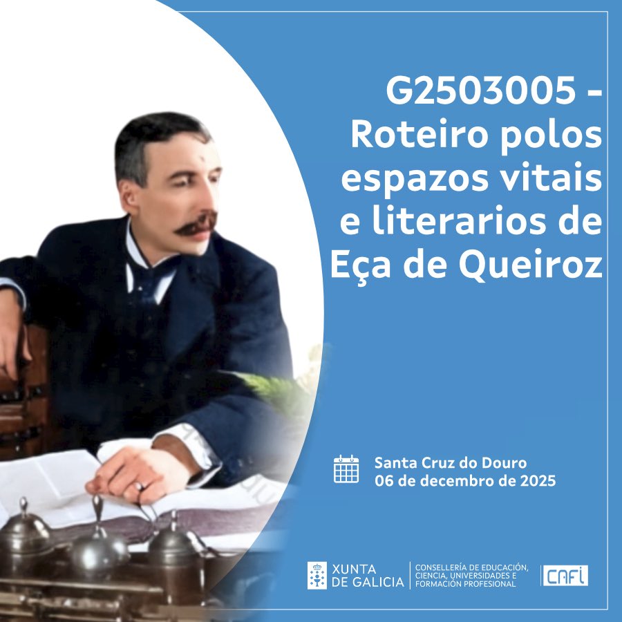 🚨 Últimos días para se apuntar no Roteiro polos espazos vitais e literarios de Eça de Queiroz
➡️ G2503005
🗓️ 06 de decembro de 2025
🔔 Santa Cruz do Douro