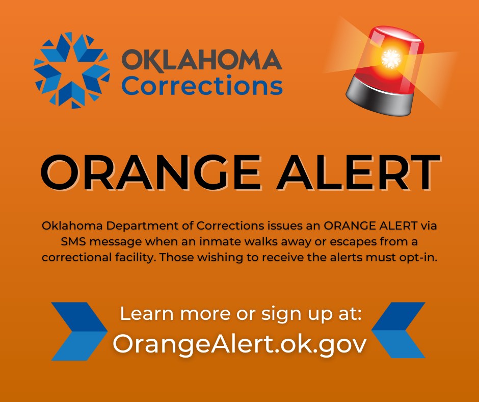 ❓ Have you signed up for 🚨 ORANGE ALERT 🚨 notifications? 

It's a way for citizens to get notified by specific ODOC facilities via text alert when an inmate unlawfully leaves. 

👉 Learn more and find out how to opt in at: OrangeAlert.ok.gov