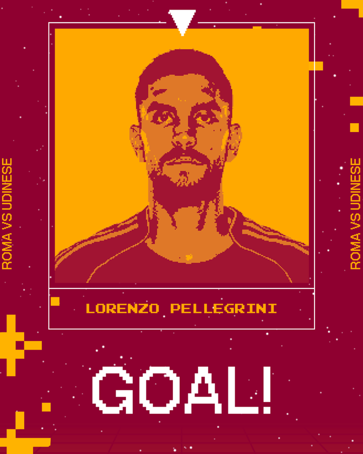 Pixel art graphic in maroon and yellow with Lorenzo Pellegrini depicted as a bearded man in orange jersey facing forward, name label below, and bold GOAL exclamation at bottom.