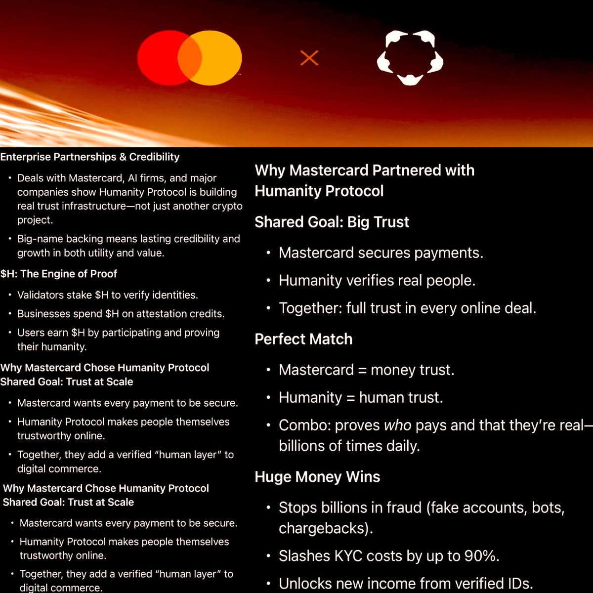 BITCOINTRAPPER's tweet image. $H X @Mastercard 🔴🟠

#HumanityProtocol is integrating Mastercard&apos;s open finance tech w its Human ID verification platform to let users securely access credit, loans &amp;amp; other financial services via Humanity Protocol, while keeping their data private through cryptographic proofs⬇️