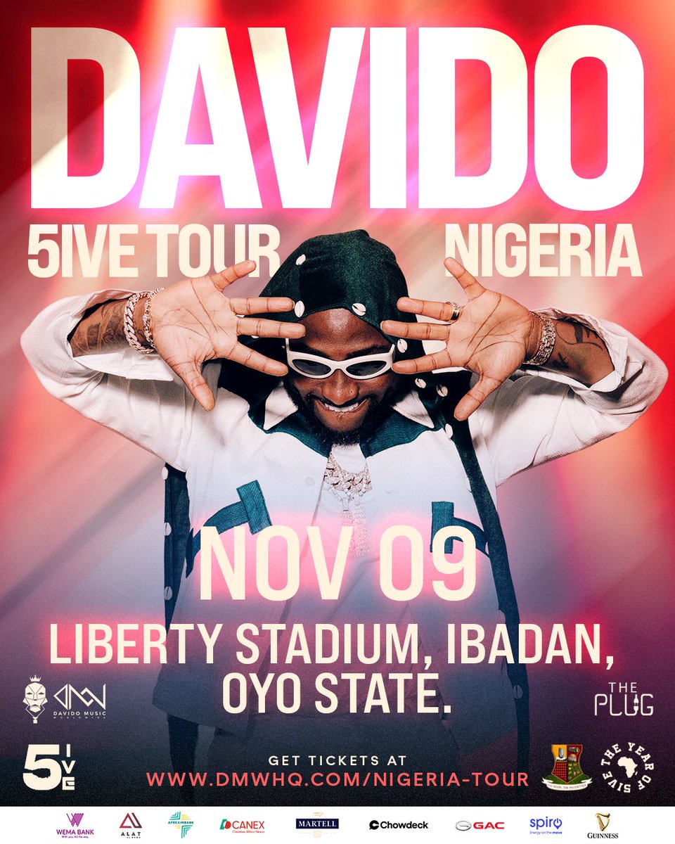 🎙️ DAVIDO
🏟️ LIBERTY STADIUM 
🎫 25,000 CAPACITY
📌 IBADAN, OYO NIGERIA 🇳🇬 
📅 TONIGHT

[5IVE ALIVE WORLD TOUR]

#5iveAliveTour #5iveNigeriaTour