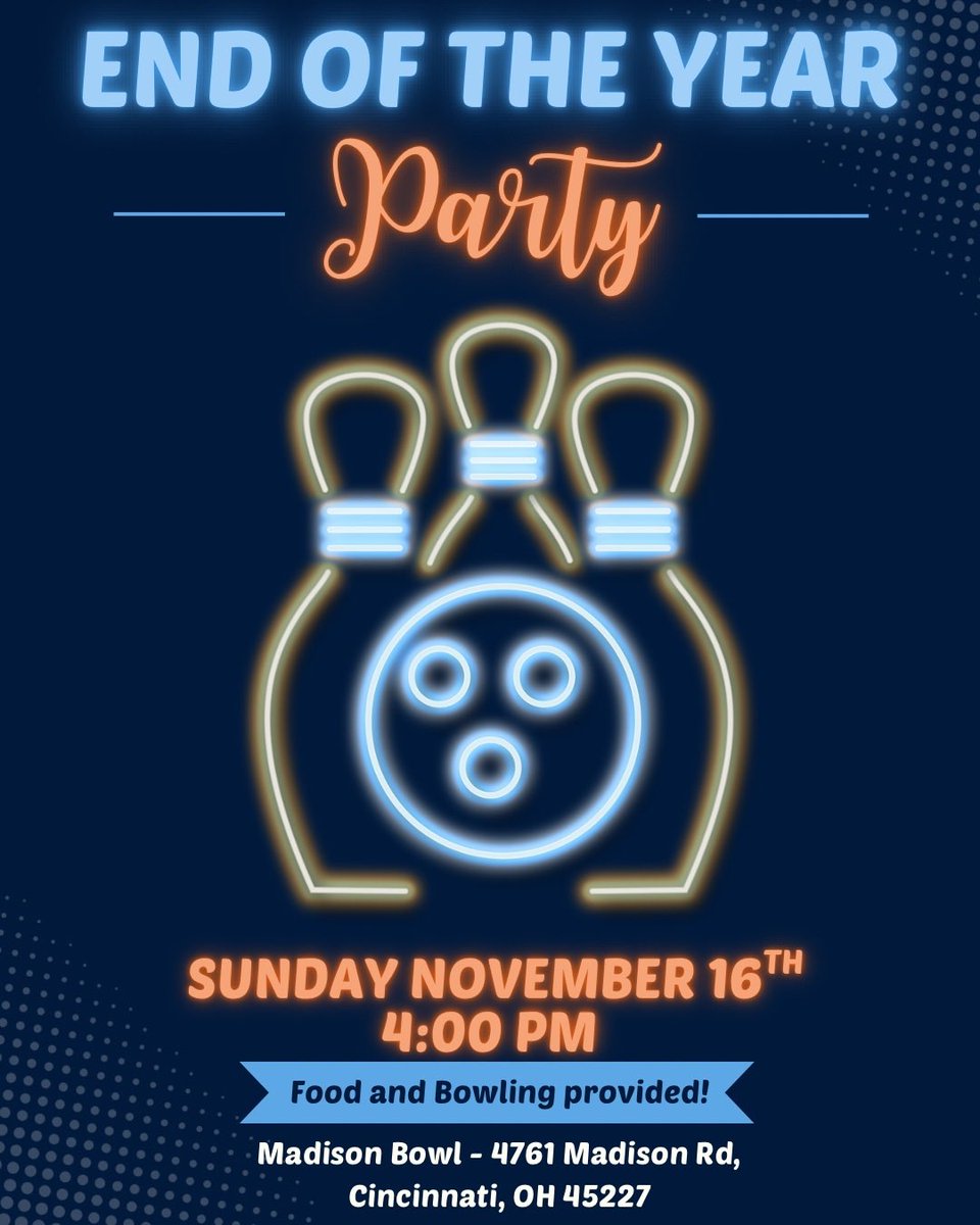 ThePrideCincy's tweet photo. We’re not done yet. But we’re going to use the week off to celebrate. 

Join us next Sunday at Madison Bowl for our End of Year Party! There’s no better way to start off your conference semifinal match week 🧡💙 https://t.co/yPgh8Oondx