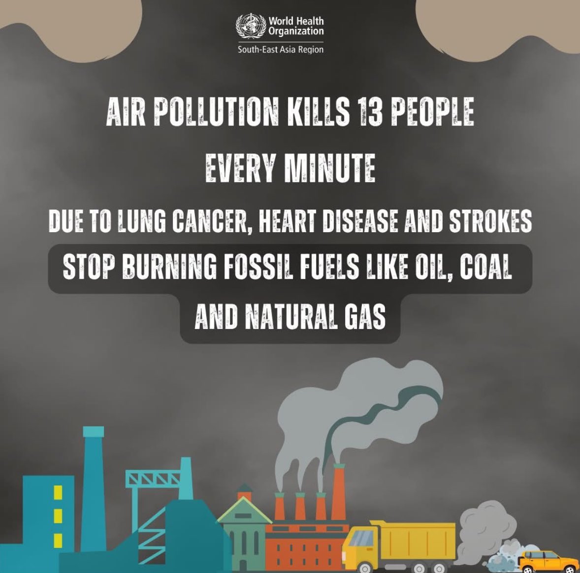 PVAenglish's tweet photo. Air pollution kills 13 people every minute.
Due to lung cancer, heart disease and strokes
Stop burning fossil fuels like oil, coal and natural gas
We must act now. Switch to cleaner energy.
Protect our health and our planet
#CleanAirForAIl #BeatAirPollution https://t.co/R5rSXOMtP1
