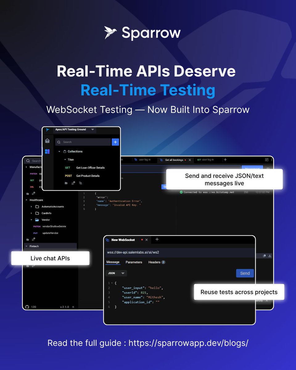 Sparrow_API's tweet image. Building chat apps, live dashboards, or multiplayer systems? Then you’re working with WebSocket APIs.

With Sparrow, you can connect, send, and monitor WebSocket messages in real time, all inside one intuitive workspace.
sparrowapp.dev/blogs/how-to-t…

#DevTools #DevTesting  #DevOps
