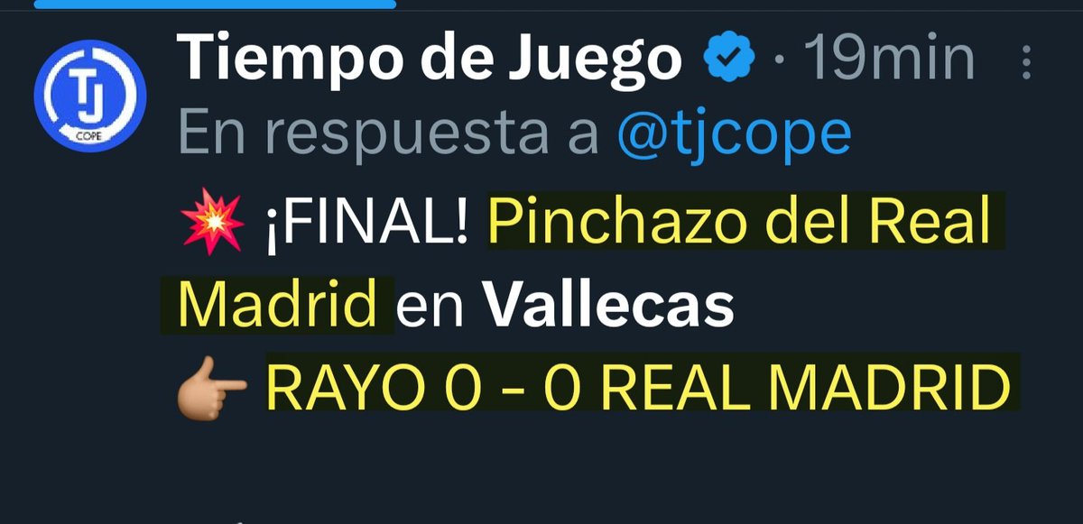Rayo 0 - 0 Real Madrid = "PINCHAZO" 😱

Rayo 1 – 1 Barça = "EMPATE" 😍

Pues hoy hemos 'empinchado'.