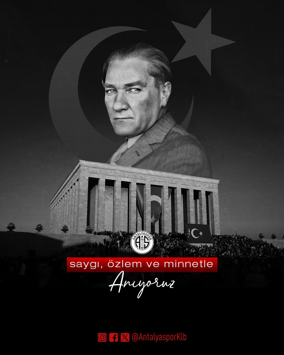 🇹🇷  Cumhuriyetimizin kurucusu, Ulu Önderimiz Gazi Mustafa Kemal Atatürk'ü saygı, özlem ve minnetle anıyoruz.

♾️ Sonsuza kadar ilke ve inkılaplarının izindeyiz.

#Antalyaspor
#SevdamızAntalyaspor