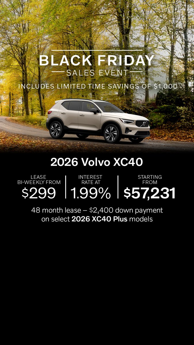VolvoEdmonton's tweet image. Take advantage of limited time offers on the Volvo XC40, XC60, XC90 for Black Friday! 🖤