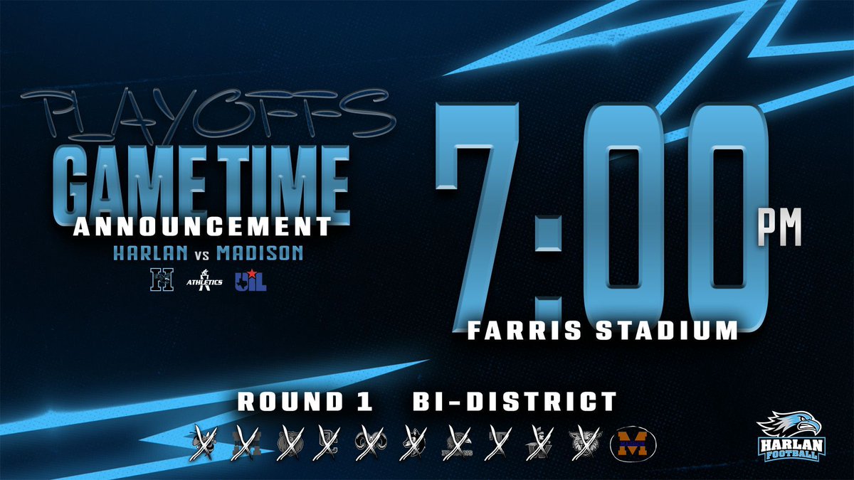 HarlanHawks_FB's tweet image. 🚨𝙋𝙇𝘼𝙔𝙊𝙁𝙁 𝙂𝘼𝙈𝙀 𝙏𝙄𝙈𝙀 𝘼𝙉𝙉𝙊𝙐𝙉𝘾𝙀𝙈𝙀𝙉𝙏🚨
ROUND 1 | BI-DISTRICT
🆚 Madison
🏟️Farris Stadium
🕖7:00 PM
#HawkYeah #RoadToState
@coachesalas @NISD_Athletics @NISDHarlan