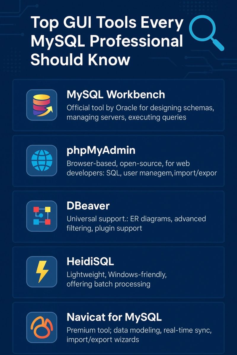 AkashGupta042's tweet image. Database Management &amp;amp; Admin Tools (GUI-Based)
🎯 Master your data with the right tools no endless SQL lines!

Save &amp;amp; share if you are learning SQL or managing databases!

#DatabaseTools #MySQL #DBA #phpMyAdmin #DBeaver #Navicat #HeidiSQL #TechTools #SQL #Database