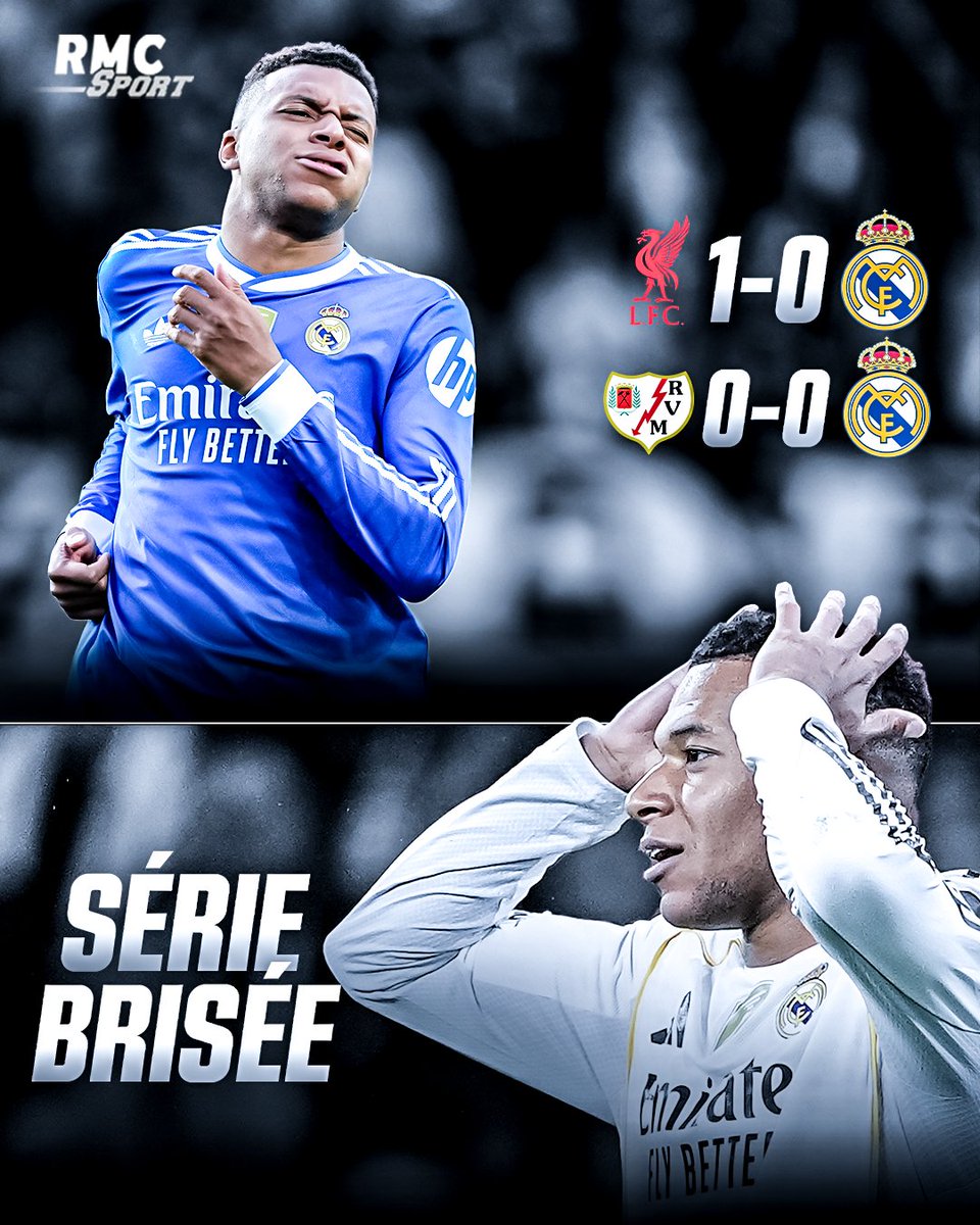 RMCsport's tweet photo. ❌🥶 2 matchs sans marquer pour le Real Madrid, une série de 8 matchs de suite avec un but en Liga qui se stoppe pour Mbappé, 2 matchs de suite sans trouver le chemin des filets pour lui (plus longue disette depuis avril). Ce n'est décidément pas une bonne semaine pour la Maison Blanche et son buteur français...