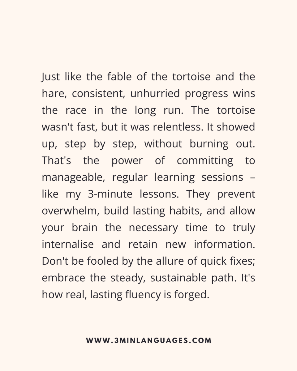 3MLanguages's tweet image. Slow and steady wins.
 Be the tortoise.
 👉 Go steady, daily: 3minlanguages.com

#3MinuteLanguages #StudyIn3 #LanguageLearning #MicroLearning #Consistency #LearnFrench #LearnSpanish #LearnGerman #LearnItalian #LearnPortuguese