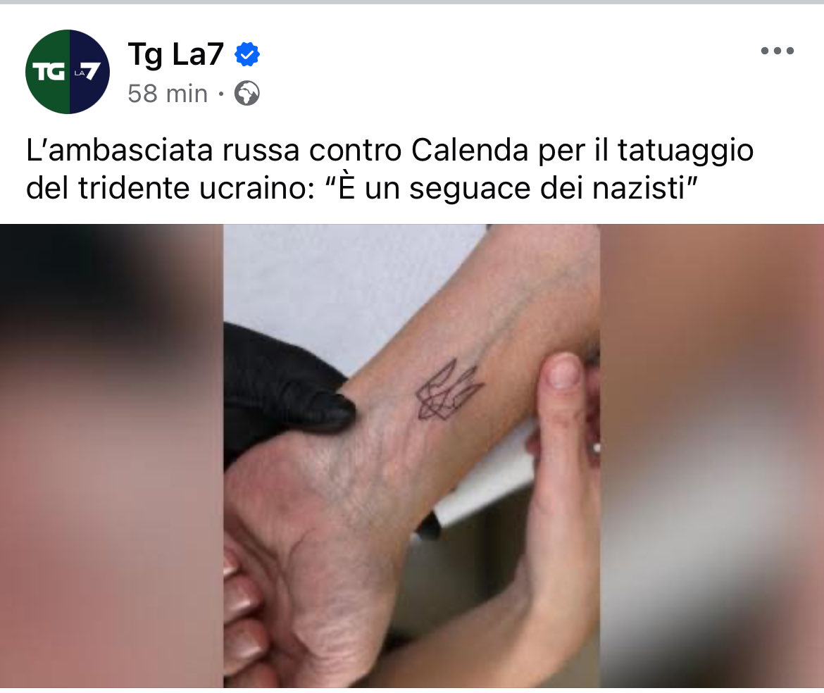 MaistroukV's tweet photo. Un fatto gravissimo di disinformazione.  In questo caso @TgLa7 è riuscita a superare in squallore anche l’ambasciata russa in Italia. I russi hanno da ridire sul tatuaggio del tridente ucraino di @CarloCalenda , simbolo nazionale dal XI secolo, con allusioni inspiegabili 1/3 https://t.co/G61Yg7QFGw