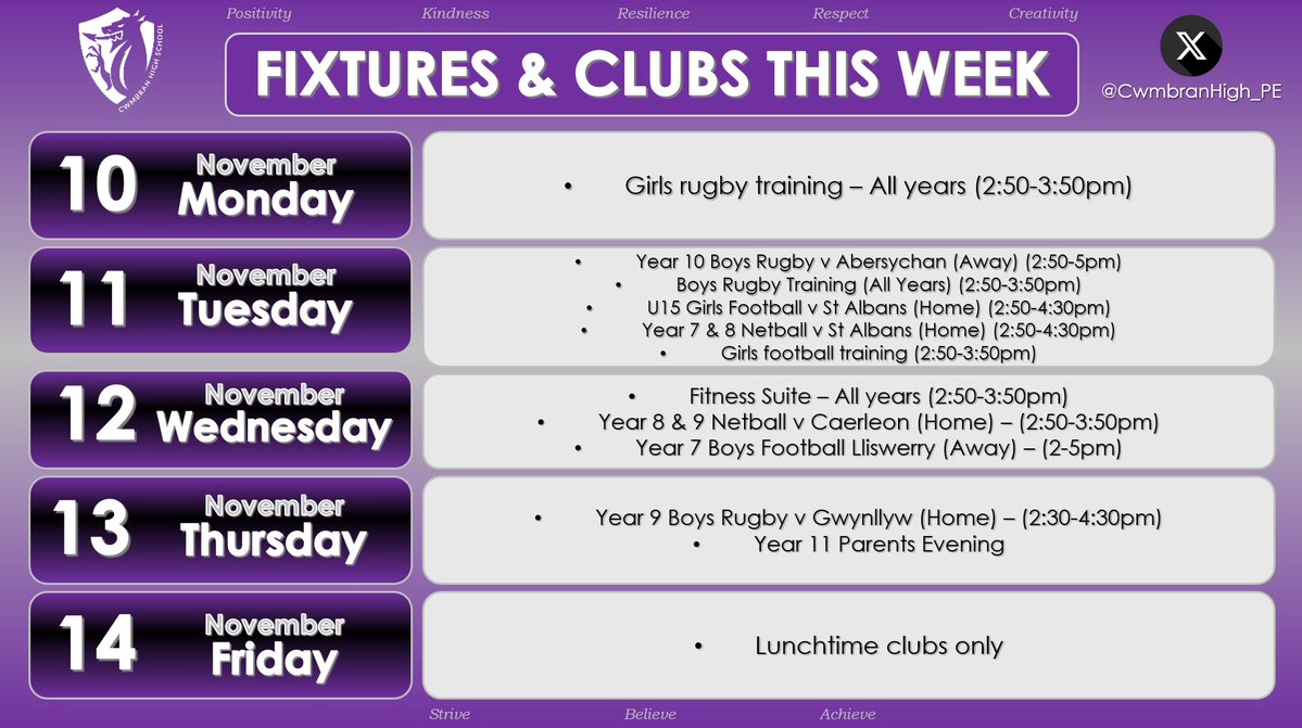 CwmbranHigh_PE's tweet image. Lots on this week! Plenty of fixtures and clubs during lunch and after-school, fingers crossed for a dry week 🤞🏼 🌧️  #GetInvolved #NotInMissOut