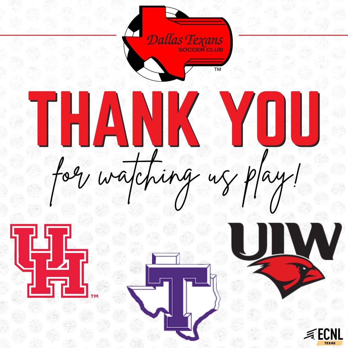 We want to thank 𝗨𝗻𝗶𝘃𝗲𝗿𝘀𝗶𝘁𝘆 𝗼𝗳 𝗛𝗼𝘂𝘀𝘁𝗼𝗻,
𝗧𝗮𝗿𝗹𝗲𝘁𝗼𝗻 𝗦𝘁𝗮𝘁𝗲 𝗨𝗻𝗶𝘃𝗲𝗿𝘀𝗶𝘁𝘆, and 𝗨𝗻𝗶𝘃𝗲𝗿𝘀𝗶𝘁𝘆 𝗼𝗳 𝗜𝗻𝗰𝗮𝗿𝗻𝗮𝘁𝗲 𝗪𝗼𝗿𝗱 for watching us play! We appreciate you spending your Sunday morning with us!

<a href="/ImYouthSoccer/">ECNL/GA/Recruiting/College Soccer</a> <a href="/ImCollegeSoccer/">College Soccer Truth ™</a>