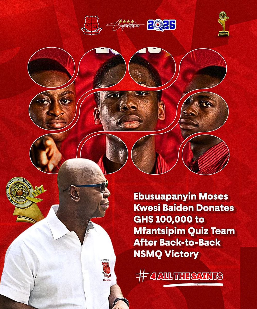 MOBAEbusuapanin's tweet image. Ebusuapanyin Moses Kwesi Baiden celebrates Mfantsipim’s back-to-back NSMQ triumph with a generous GHS 100,000 donation to the victorious quiz team. 

#4allthesaints #NSMQ2025 #mfantsipim #MKB