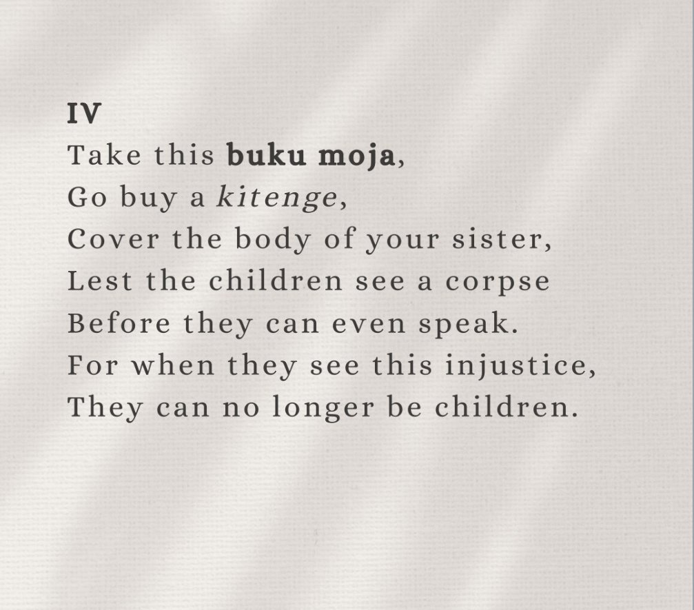 ‘Buku moja’ is Swahili slang for one thousand Tanzanian shillings.

This poem was written by Sepiso Dean Mwamelo