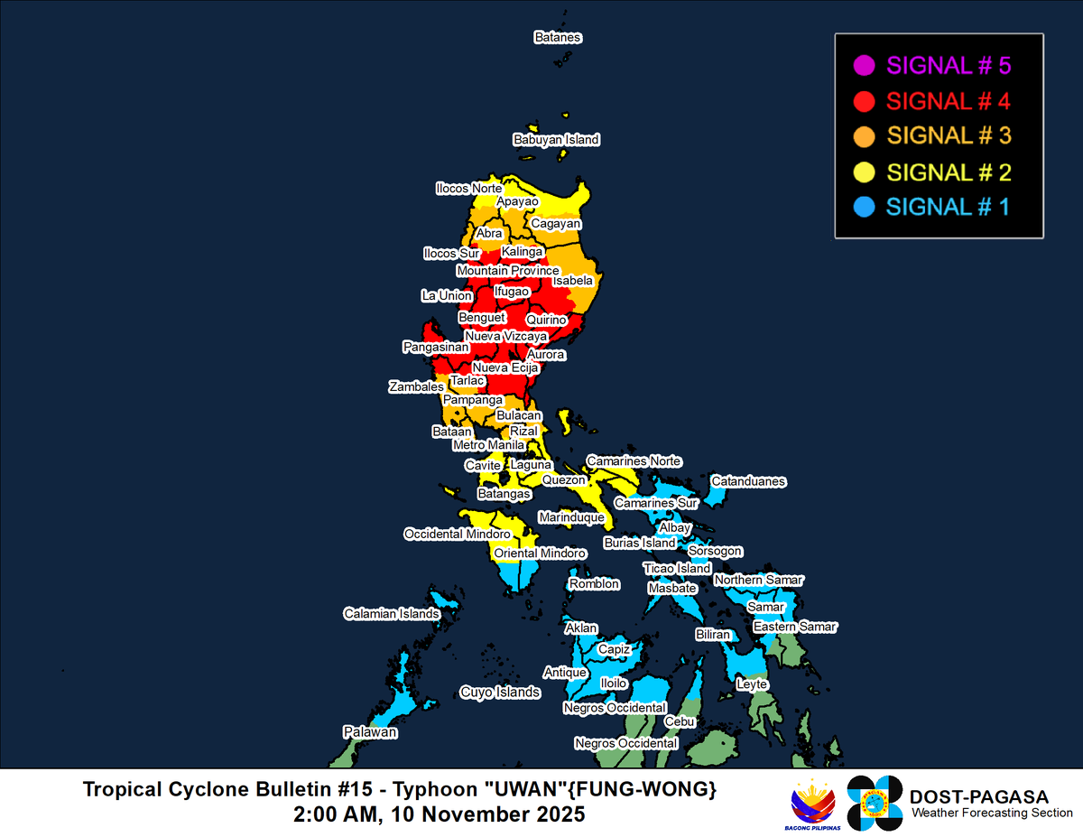 dost_pagasa's tweet photo. TROPICAL CYCLONE BULLETIN NR. 15
Typhoon #UwanPH (FUNG-WONG)
Issued at 2:00 AM, 10 November 2025
Valid for broadcast until the next bulletin at 5:00 AM today.

“UWAN” WEAKENS INTO A TYPHOON AND IS NOW OVER LA UNION.

DOST-PAGASA
Link: https://t.co/d4BjlCwbZs