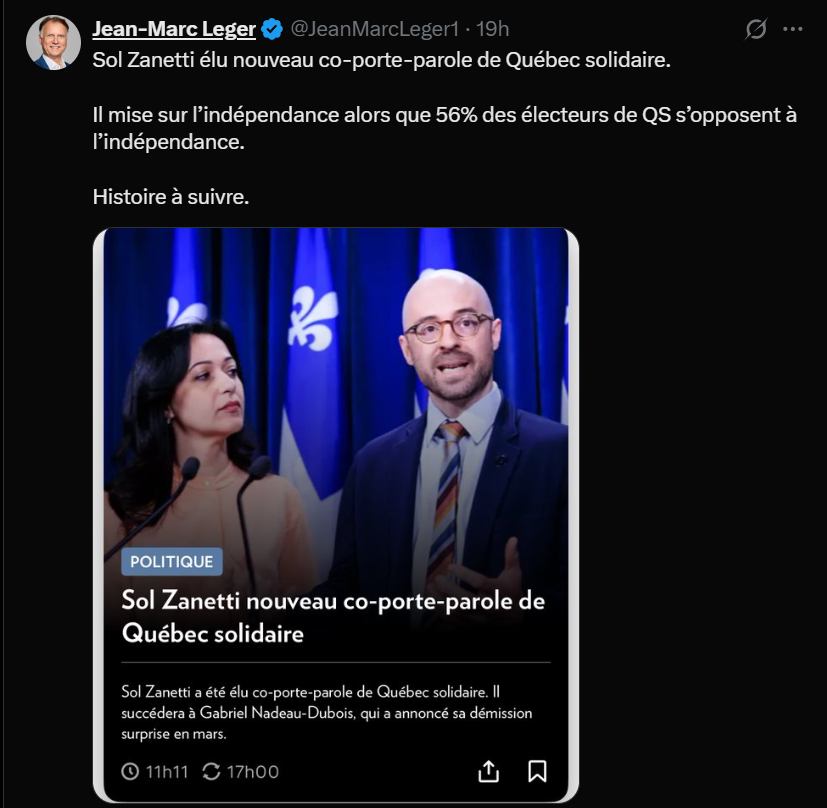 QS est un parti fédéraliste
Point barre
même pas 25% des membres (restants???) sont souverainistes

La réalité c'est que la mission de QS est de prendre le + de votes possibles au PQ pour NOUS empêcher de prendre le pouvoir majoritaire

Je le dis depuis des années

Preuve
⬇️⬇️⬇️