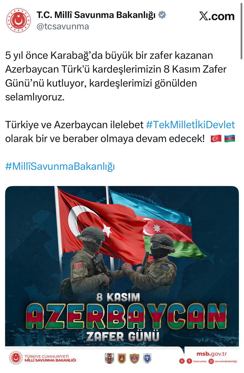 kmlbrs1's tweet photo. #Azerbeycan #ikidevlettekmillet #Cumhurbaşkanlığı 
Kardeş Azerbaycan Zafer günü kutlu olsun https://t.co/miikVkjmoa